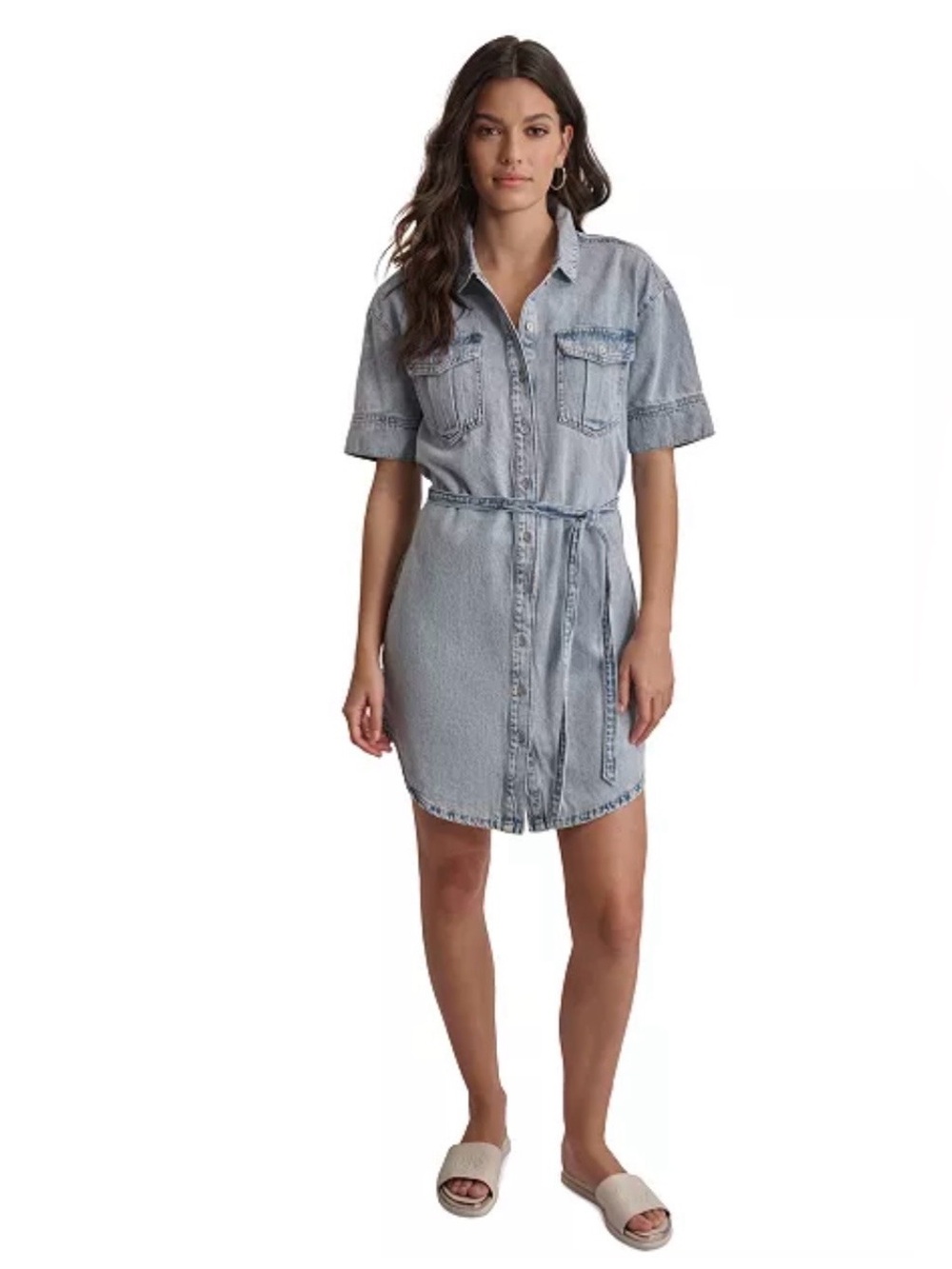 DKNY Women’s Denim Button Down Short Sleeve Shirtdress, Acid Wash Size XS NWT